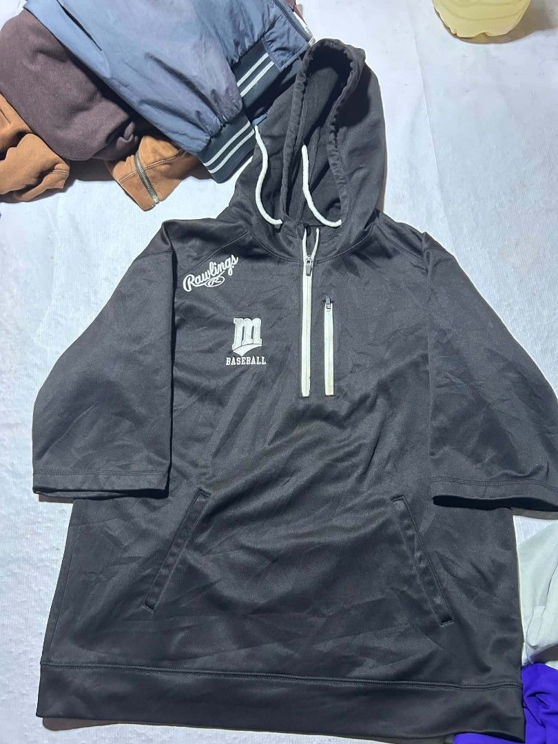 Rawlings Baseball Pullover Hoodie (Category: Coats, Jackets and Outerwear) located in Quezon City. Submitted by jeyem. (Listing ID 1463968854, Image 1). Description: - Black Rawlings baseball hoodie - Adult size Large - Quarter zip closure - Front pouch pocket - Chest zippered pocket - Made of 100% polyester.