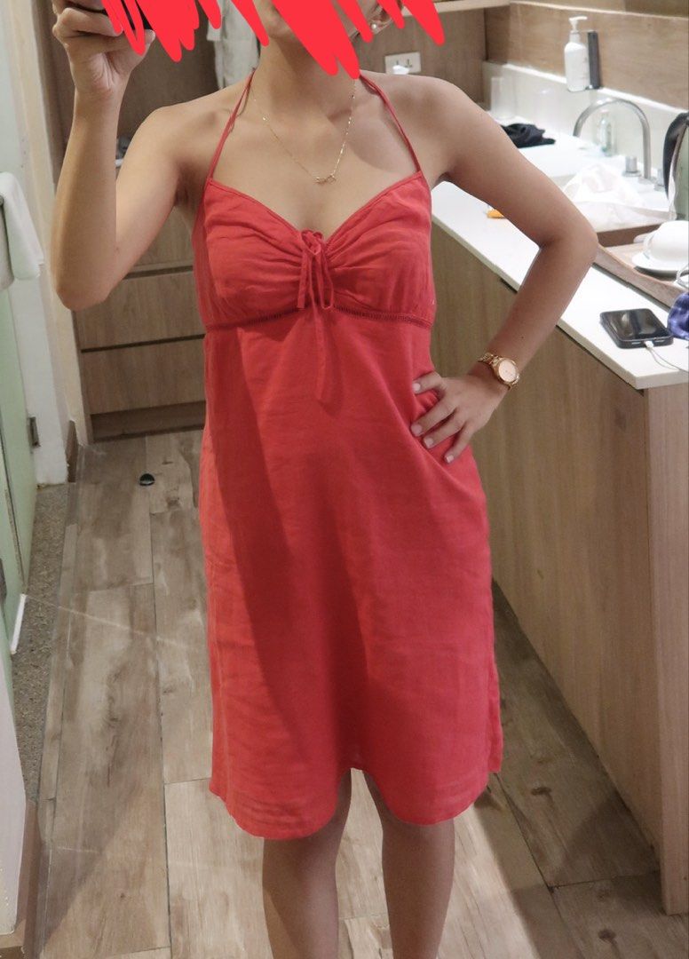 Red Linen Halter Neck Tie Front Mini Dress (Category: Dresses) located in Tarlac. Submitted by mwshop_ (Listing ID 1464049245, Image 1). Description: ~ red halter neck self tie linen dress ~ size: xs-small SO NICE!! .