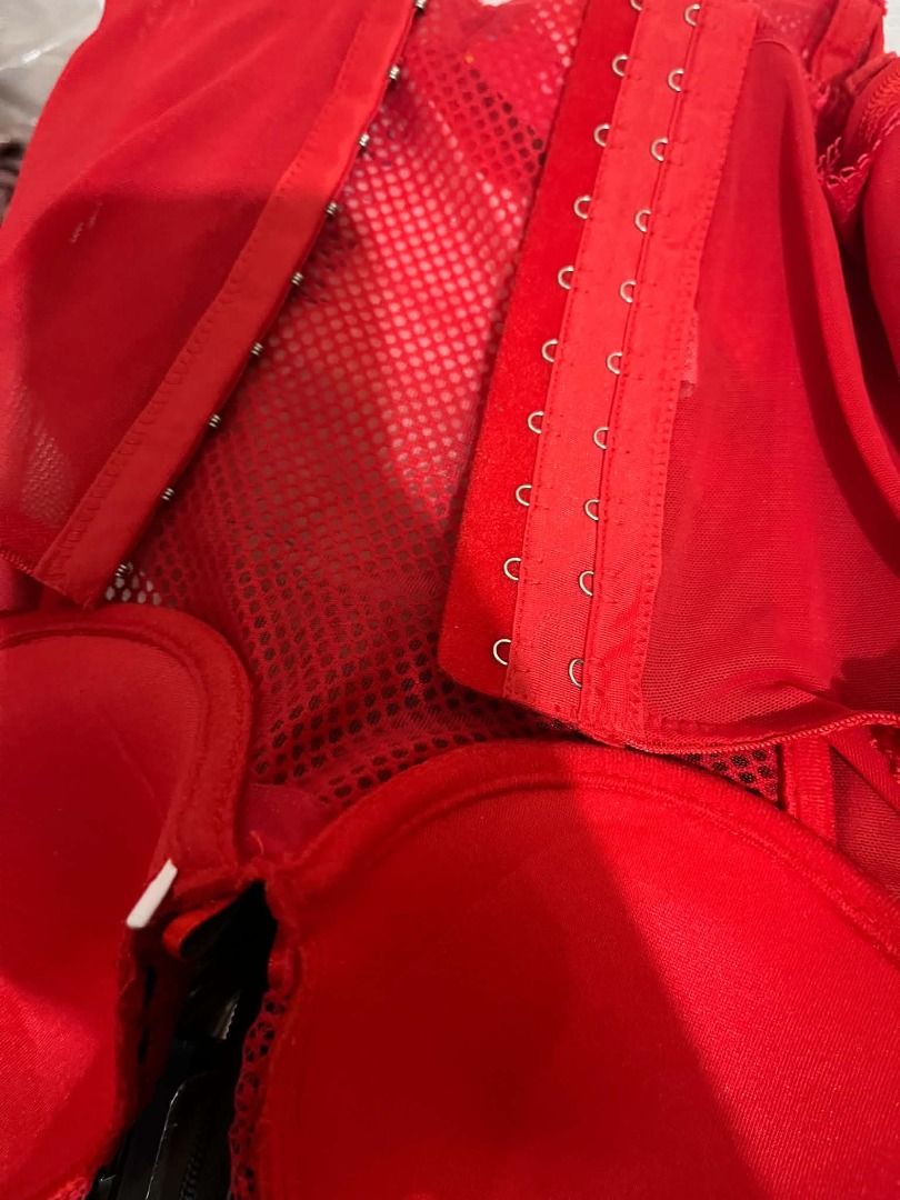 Red Mesh Corset Top with Black Trim Adjustable (Category: Sleeveless) located in Cavite. Submitted by cvshops (Listing ID 1464049867, Image 2). Description: Buy 2 items, get a freebie! P50 fixed SF LUZON Med-large Available delivery and meetup for all items DM for video - Red mesh corset top - Structured bust and fitted waist - Black trim along edges - Decorative stitching down the front - Adjustable straps - Versatile for layering or as a statem