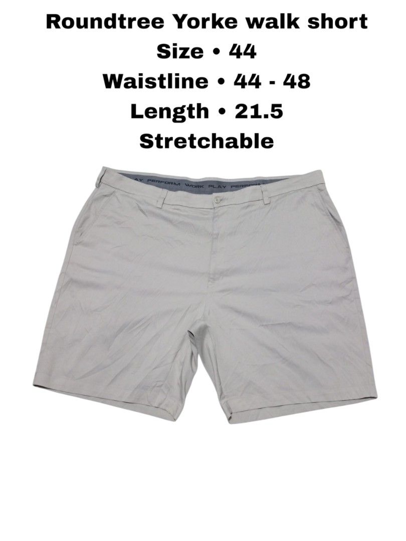 Roundtree Yorke Performance Walk Shorts Size 44 (Category: Shorts) located in Magdalena. Submitted by magdalenathrift20 (Listing ID 1464070061, Image 1). Description: - Brand: Roundtree Yorke - Size: 44 - Waistline: Fits 44-48 inches - Length: 21.5 inches - Features: Stretchable fabric - Material: 98% Polyester, 2% Elastane - Origin: Made in Vietnam.