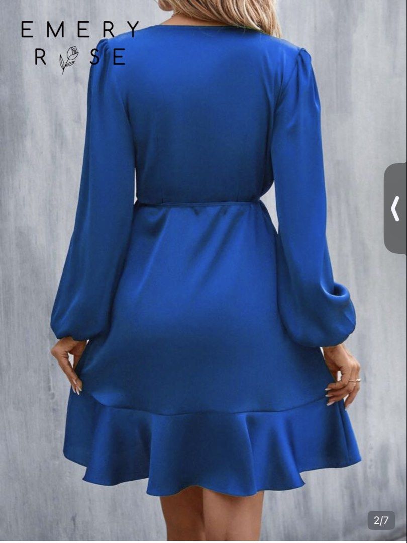 Royal blue dress (Category: Evening dresses & gowns) located in Pototan. Submitted by tres_190725 (Listing ID 1463984380, Image 2). Description: EMERY ROSE Lantern Sleeve Knot Side Ruffle Trim Wrap Satin Dress Fall Cloth For Women Royal blue.