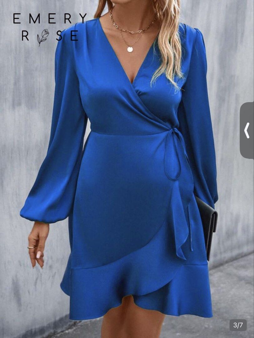 Royal blue dress (Category: Evening dresses & gowns) located in Pototan. Submitted by tres_190725 (Listing ID 1463984380, Image 3). Description: EMERY ROSE Lantern Sleeve Knot Side Ruffle Trim Wrap Satin Dress Fall Cloth For Women Royal blue.