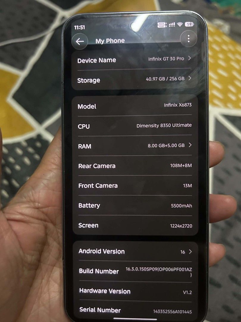 RUSH INFINIX GT 30 PRO (Category: Android Others) located in Mandaluyong City. Submitted by layer1221 (Listing ID 1464087820, Image 2). Description: 8gb ram 256gb rom dimensity 8350 good for gaming no issue unit only.