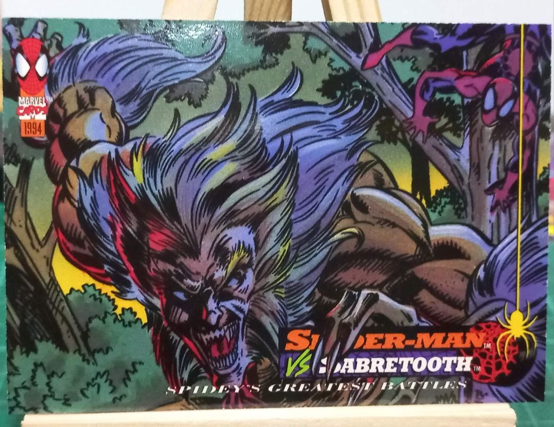 Sabretooth 120 (Category: Raw Singles) located in Manila. Submitted by seller913 (Listing ID 1464016744, Image 1). Description: - 1994 Marvel Trading Card - Features Spider-Man vs. Sabretooth - From the 'Spidey's Greatest Battles' series - Great collectible for Marvel fans.