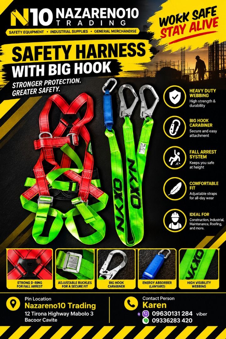 SAFETY HARNESS WITH BIG HOOK (Category: Looking For) located in Bacoor. Submitted by kajezame.2021 (Listing ID 1464011469, Image 1). Description: SAFETY HARNESS WITH BIG HOOK For More Details and Discount Contact Ms. Karen NAZARENO 10 TRADING 0963 0131 284 0933 6283 420 0956 7028 557 0933 8559 510 Landline: Look for Ms. Karen (046 ) 416 3920 Also available: • Traffic cone • Parking Block stopper • Hooded trash bin • Road Plastic Barrier • Spill b