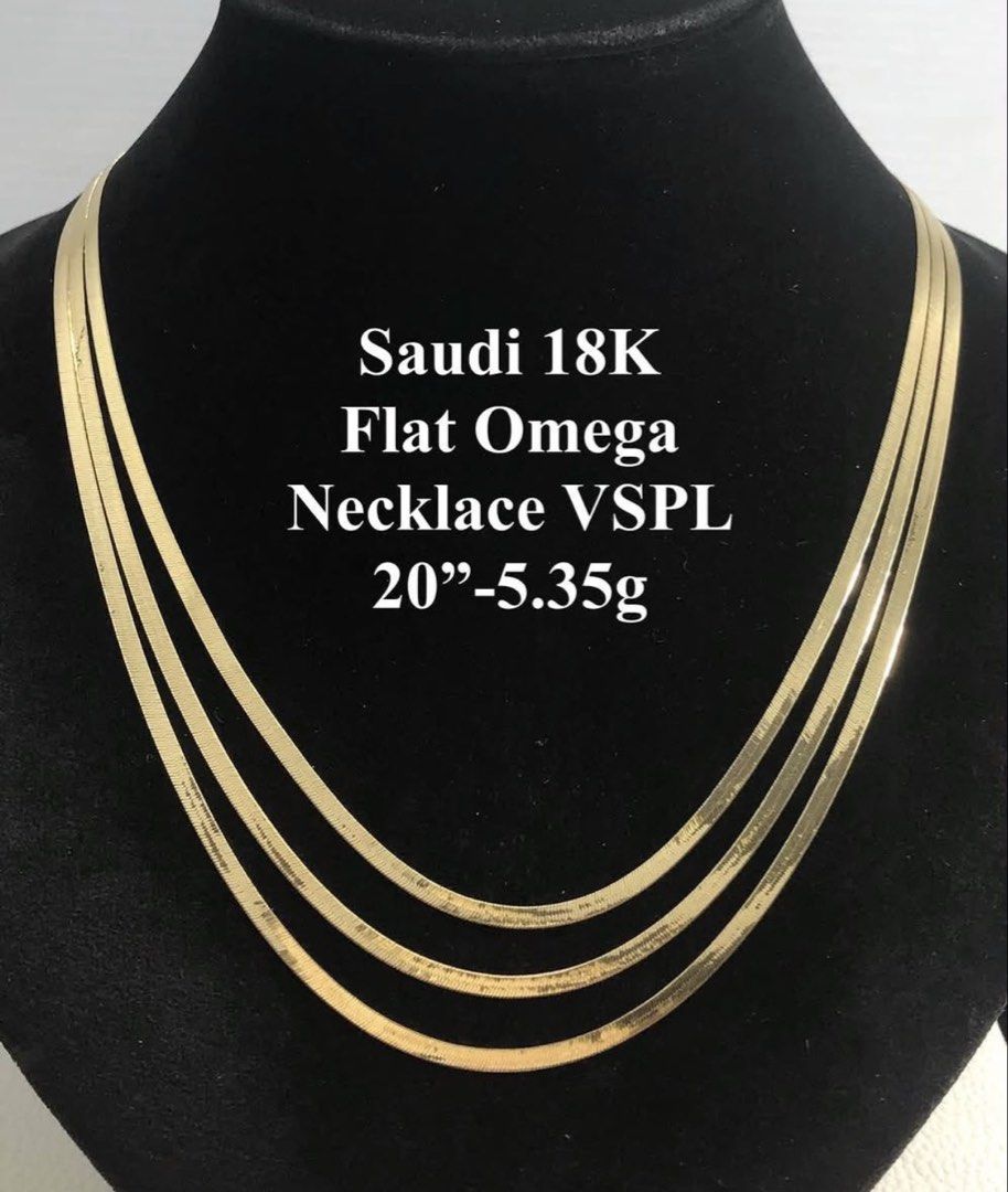 Saudi 18K Flat Omega Necklace VSPL (Category: Necklaces) located in Manila. Submitted by jodiluxegold (Listing ID 1464094229, Image 3). Description: - Authentic Saudi 18K Flat Omega Necklaces - Available in various lengths and weights - Versatile: Great for everyday wear or special occasions - Please check photos for specific details on each piece - Message me for inquiries.