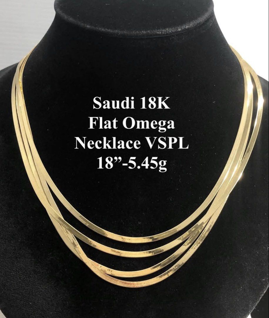 Saudi 18K Flat Omega Necklace VSPL (Category: Necklaces) located in Manila. Submitted by jodiluxegold (Listing ID 1464094229, Image 2). Description: - Authentic Saudi 18K Flat Omega Necklaces - Available in various lengths and weights - Versatile: Great for everyday wear or special occasions - Please check photos for specific details on each piece - Message me for inquiries.
