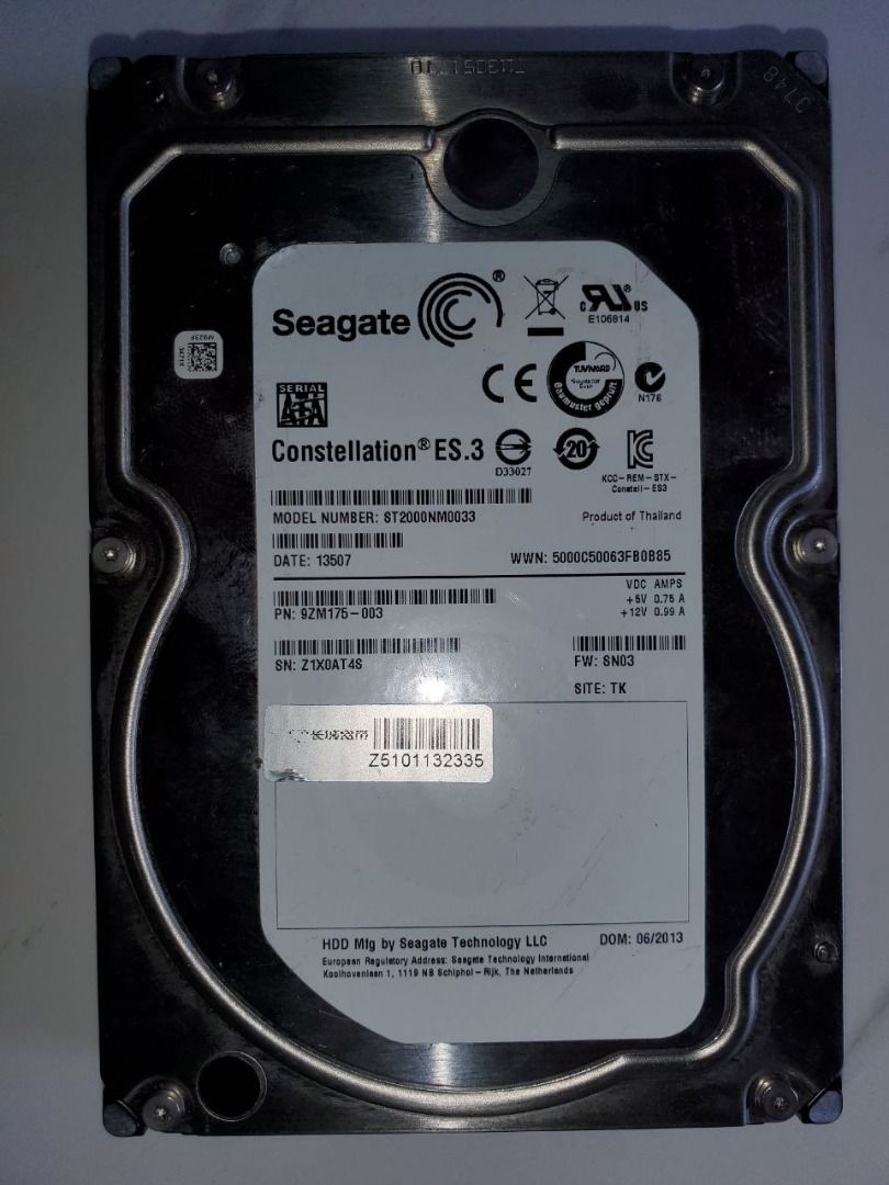 Seagate ST2000NM0033-9ZM175 2TB SAS Hard Drive (Category: Hard Disks & Thumbdrives) located in Caloocan City. Submitted by 84410026941 (Listing ID 1463990973, Image 1). Description: - Seagate 2TB SATA Hard Drive - Model: ST2000NM0033-9ZM175 - Speed: 7200 RPM - Usage: Only 2889 Power-On Hours - Health Status: Excellent (SMART attributes good) - Current Temperature: 44°C - Ready for immediate use in your system!.