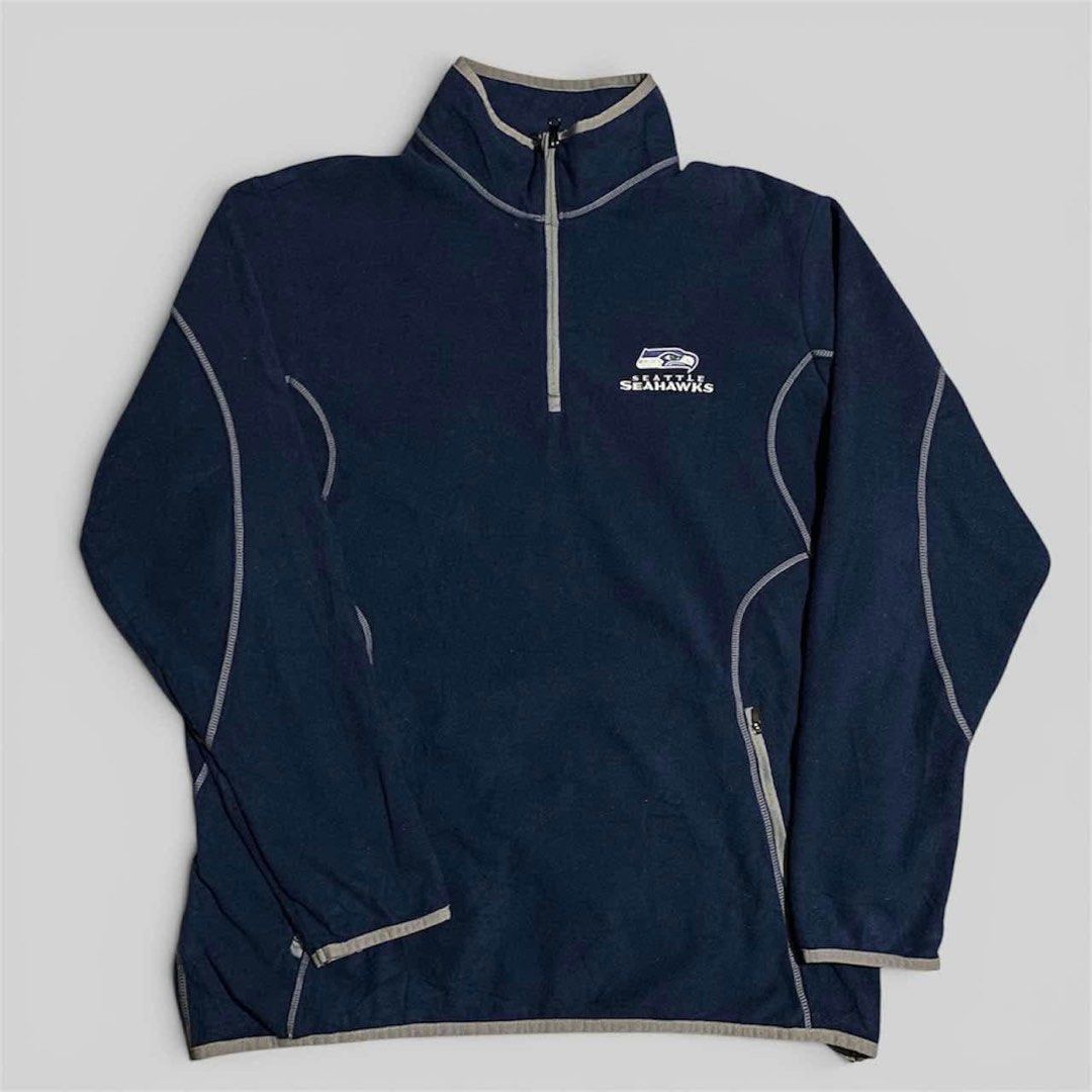 Seattle Seahawks Navy Blue 1/4 Zip Fleece Pullover (Category: Coats, Jackets and Outerwear) located in Manila. Submitted by lee_23 (Listing ID 1464023483, Image 1). Description: Dimes: Xl 26x28.