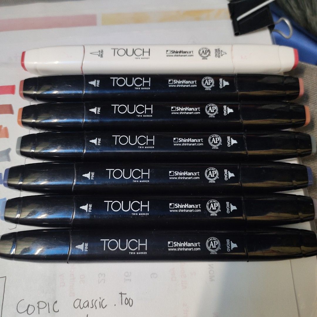 ShinHan Touch Twin Markers Set (Category: Craft Supplies & Tools) located in Quezon City. Submitted by dncpreloved (Listing ID 1463968200, Image 3). Description: Selling a curated 7-piece set of authentic ShinHan Art Touch Twin Markers. Perfect for architecture/design students, hobbyists, or illustrators Brand: ShinHan Art Touch Twin Markers Quantity: 7 pieces Condition: Pre-loved, well-kept, and all tips/nibs are clean and intact. Ink Level: All
