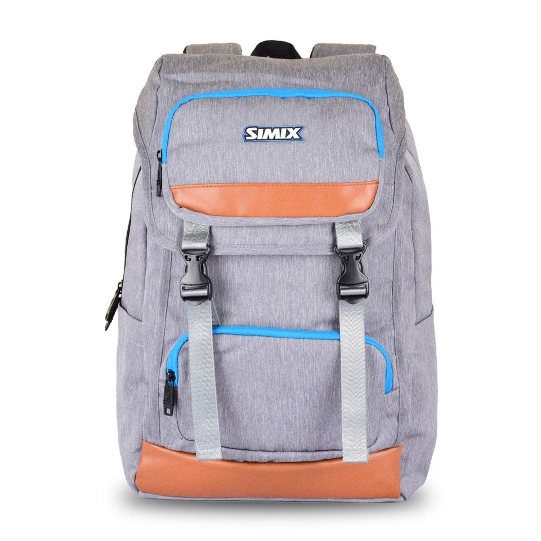 SIMIX Grey Backpack with Brown Accents (Category: Backpacks) located in Caloocan City. Submitted by bagsglobal888752 (Listing ID 1463944510, Image 1). Description: - Grey backpack with brown faux leather accents - Blue trim details on pockets and main flap - Secure buckle closures on the front - Convenient side pocket - Ideal for school or everyday use.