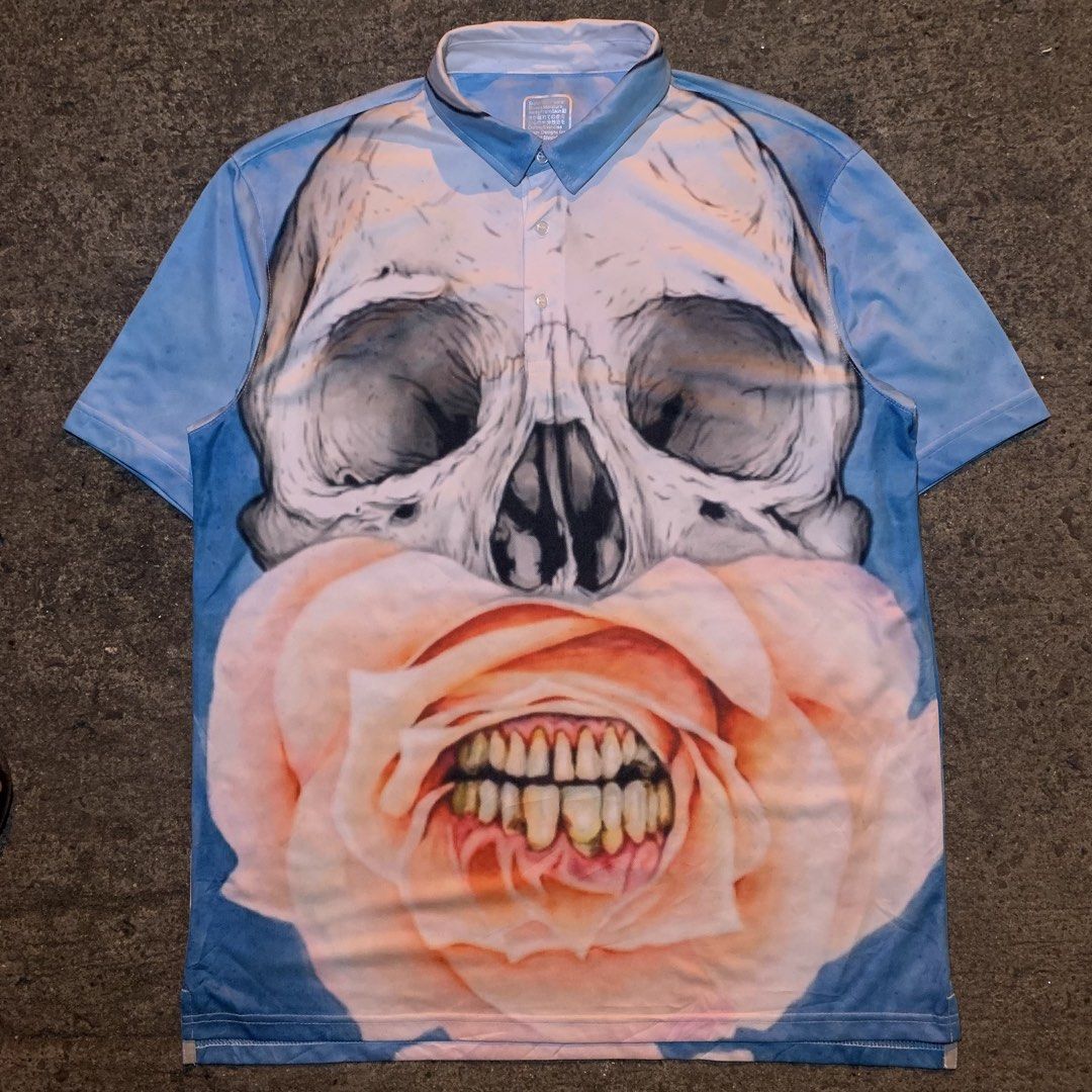 Skull & Rose Graphic Polo Shirt (Category: Tshirts & Polo Shirts ) located in Manila. Submitted by steeezyyy (Listing ID 1464079868, Image 1). Description: excellent condition no issue 350 only pm lang po meet up sa malapit W 23 x L 31 .