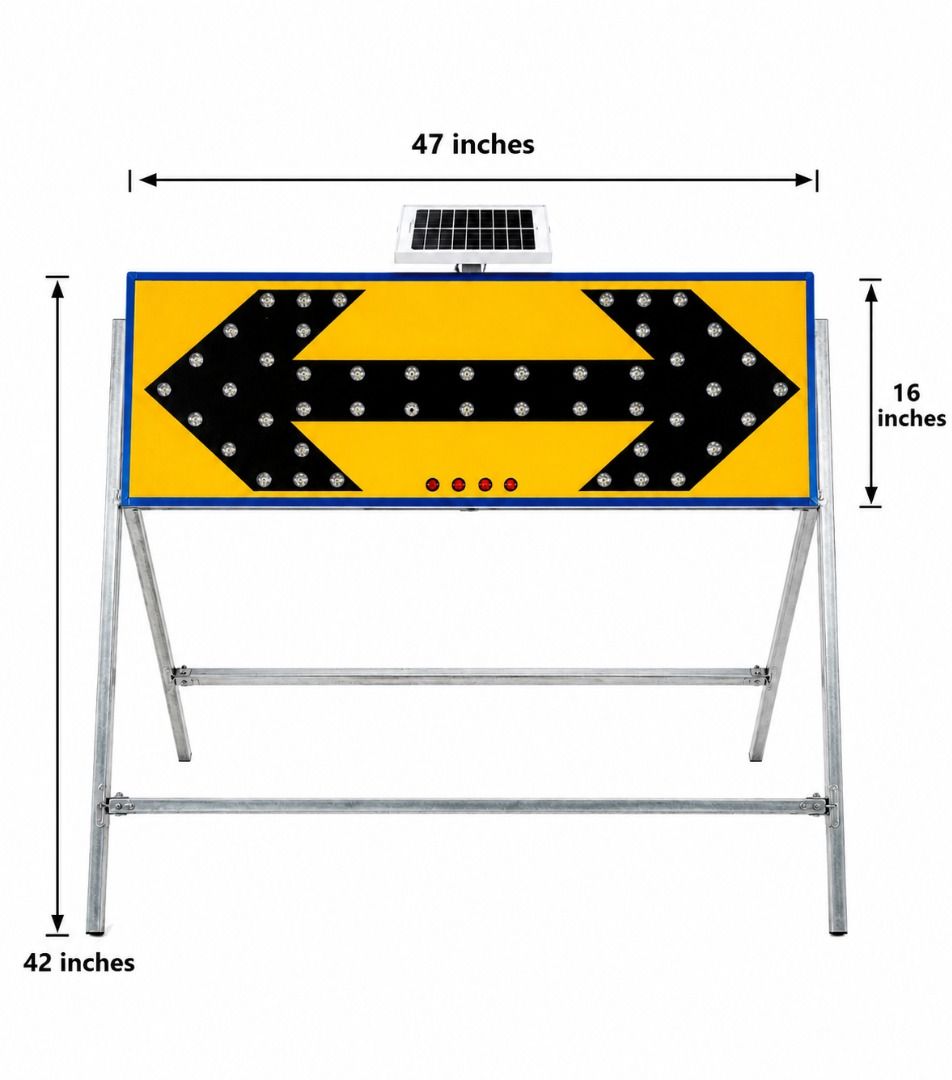 Solar Powered LED Double Arrow Signage Light (Category: Industrial Equipment) located in Manila. Submitted by toplen (Listing ID 1463950541, Image 2). Description: Size: 47" length x 42" height Led Color: red Intelligent light control: it can light left and right, double arrows, and set whether the light is on during the day. Visual distance is up to 1000 meters Normal life of led: ≥100000 hours Work mode: 24hrs/day or light control (by switch) W