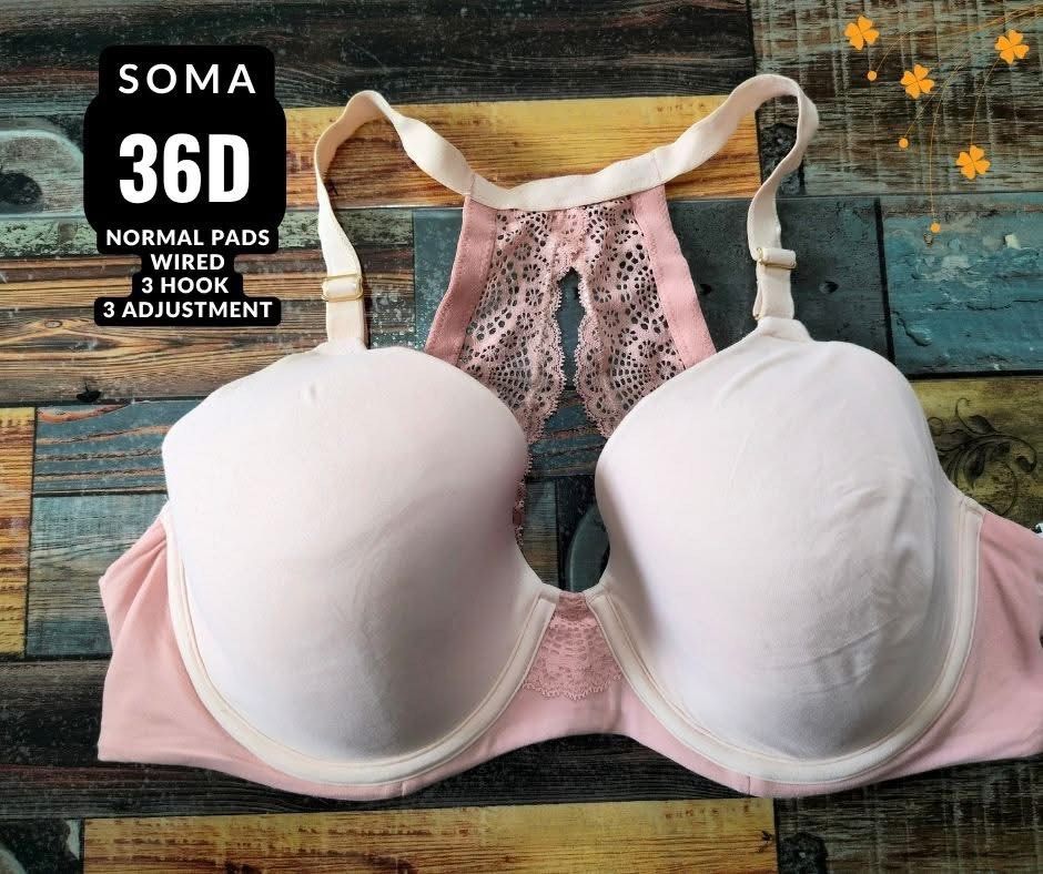 Soma 36D Pink Wired Normal Pads Bra (Category: Undergarments & Loungewear) located in Manila. Submitted by siashop. (Listing ID 1464135259, Image 1). Description: - Soma Bra - Size: 36D - Color: Pink - Features: Lace detail on back strap, normal pads, wired - Closure: 3 hooks, 3 adjustments - Ideal for: Everyday wear.