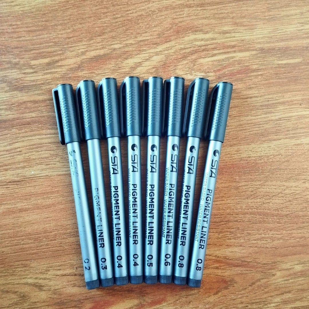 STA Pigment Liner Water Based Water set (Category: Stationery & School Supplies) located in Paranaque City. Submitted by declutteredcomiii (Listing ID 1463975456, Image 2). Description: - Set of STA Pigment Liner pens - Includes sizes: 0.2, 0.3, 0.4, 0.5, 0.6, 0.8 - Water-based and water-resistant ink - Ideal for drawing and writing - All pens are in good working condition and still working - take all only 📍 Please manage your expectations, the 