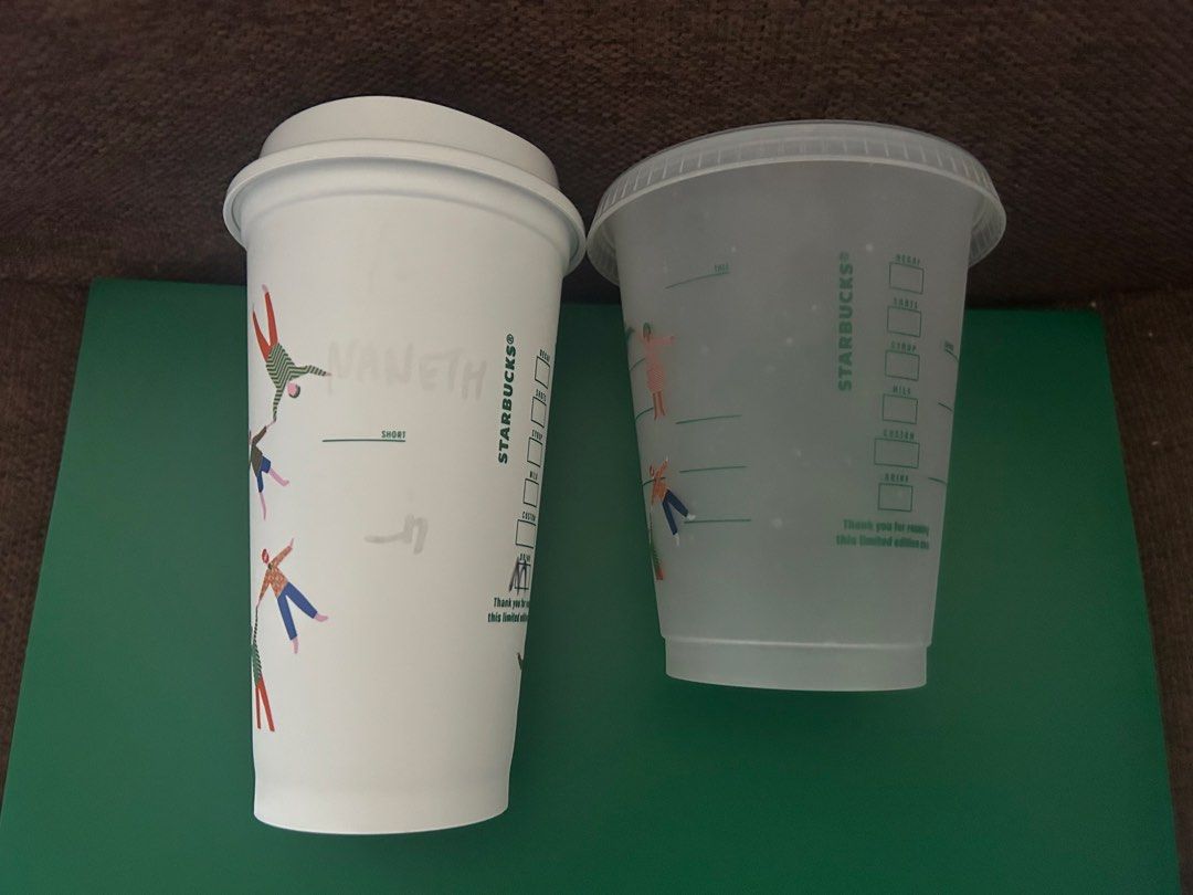 Starbucks 50th Anniv (2021) Reusable Cups Set (Category: Water Bottles & Tumblers) located in Binan City. Submitted by impulsebuyer12 (Listing ID 1463953644, Image 2). Description: Selling as set. Released Year 2021 in celebration of Starbucks 50th Anniv USED once when the drink was bought Noticeable light mark of a name at the back of the white taller cup Limited Edition. For collection purposes.