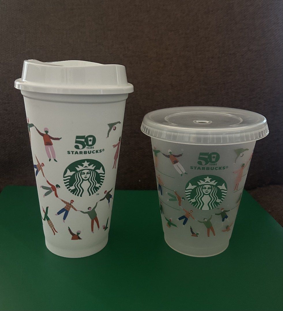 Starbucks 50th Anniv (2021) Reusable Cups Set (Category: Water Bottles & Tumblers) located in Binan City. Submitted by impulsebuyer12 (Listing ID 1463953644, Image 1). Description: Selling as set. Released Year 2021 in celebration of Starbucks 50th Anniv USED once when the drink was bought Noticeable light mark of a name at the back of the white taller cup Limited Edition. For collection purposes.