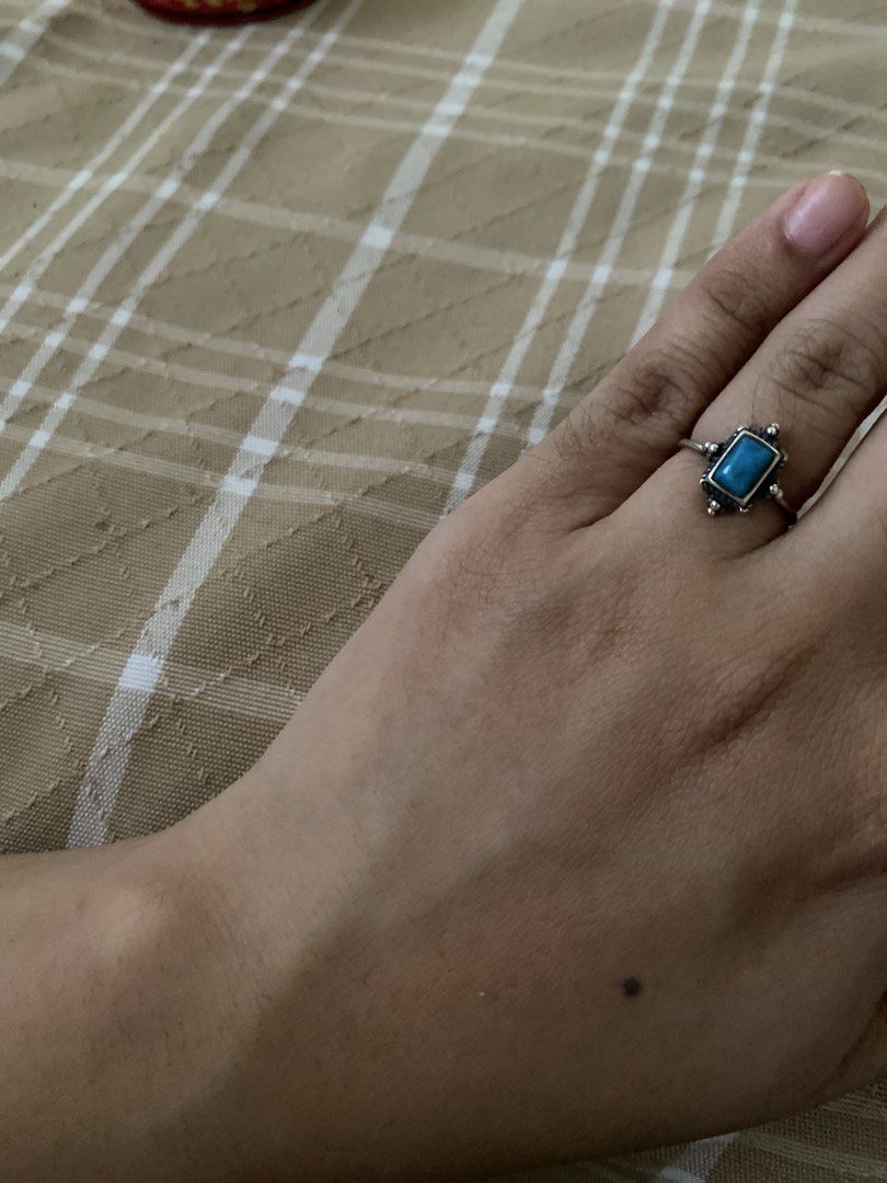 Sterling Silver Turquoise Ring (Category: Rings) located in Makati City. Submitted by raingooooawayy (Listing ID 1464008390, Image 3). Description: - Sterling silver band (stamped 925) - Square turquoise stone - Textured band detail around the stone - purchased in India rfs: i have a lot of sterling pieces already. .