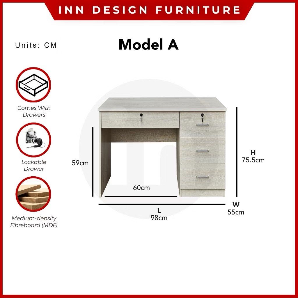 study table (Category: Tables & Sets) located in Singapore. Submitted by homefurniture_outlet (Listing ID 1464066764, Image 3). Description: model A：$225 modelB：$255 Product Description - Study Table With Lock - 2 Drawers Comes With Lock - MDF Wood Material - Comes with 2 Sizes - Color: White Wash Size: Model A : L98cm x W55cm × H75.5cm Model B : L120cm x W60cm x H75.5cm Free Delivery And Installation Delivery Within 3-5 Working Days *Size & colo