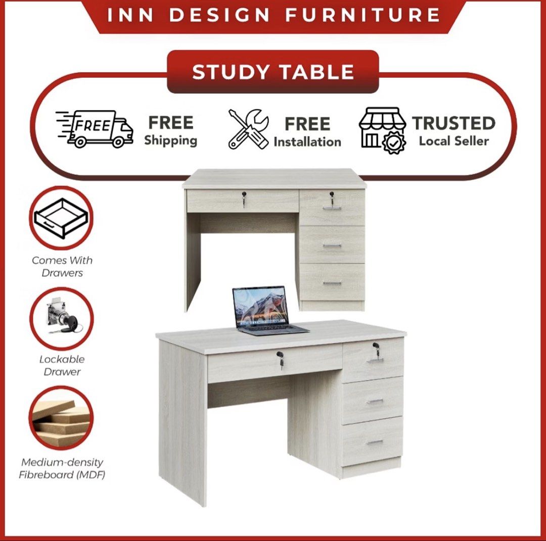 study table (Category: Tables & Sets) located in Singapore. Submitted by homefurniture_outlet (Listing ID 1464066764, Image 2). Description: model A：$225 modelB：$255 Product Description - Study Table With Lock - 2 Drawers Comes With Lock - MDF Wood Material - Comes with 2 Sizes - Color: White Wash Size: Model A : L98cm x W55cm × H75.5cm Model B : L120cm x W60cm x H75.5cm Free Delivery And Installation Delivery Within 3-5 Working Days *Size & colo