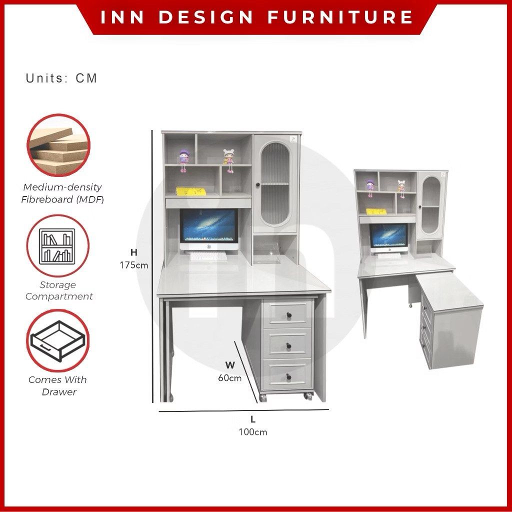 study table study desk (Category: Tables & Sets) located in Singapore. Submitted by homefurniture_outlet (Listing ID 1464057079, Image 2). Description: Product features and materials : -Made by MDF -Pedestal table can pull out become side return -Comes with 3 drawers -Storage compartment for books or stuff T-able top height 75cm Approximate Dimensions : L100cm x W60cm x H175cm Free Installation & Free delivery.