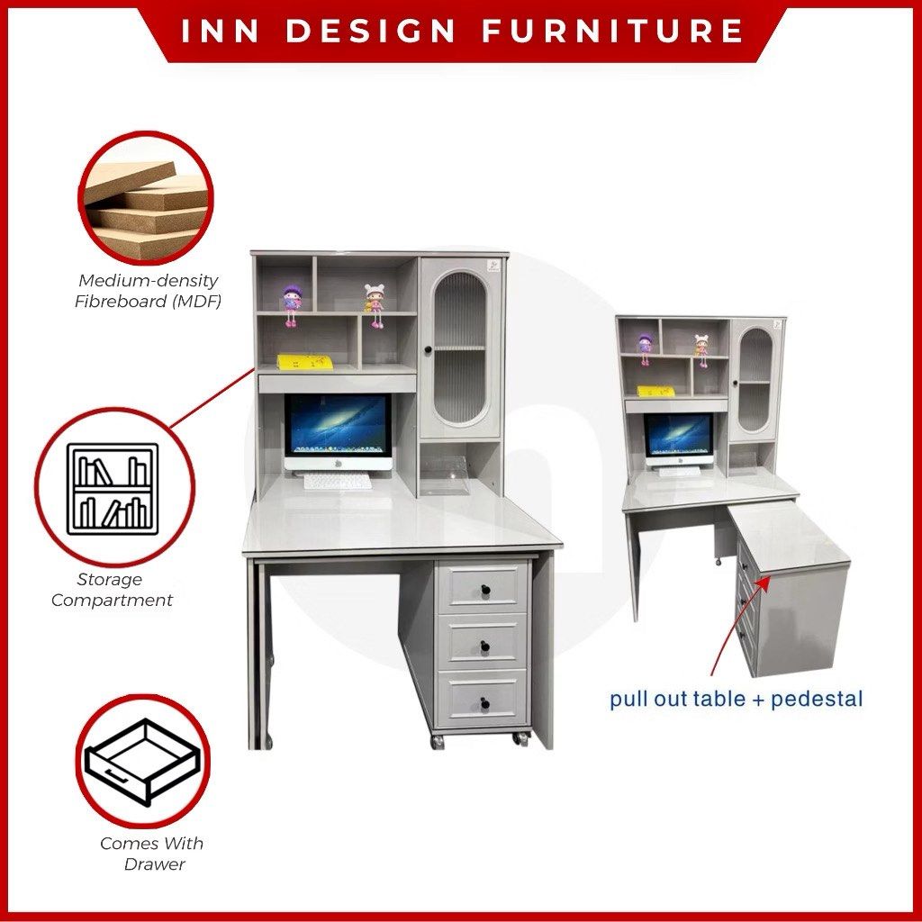 study table study desk (Category: Tables & Sets) located in Singapore. Submitted by homefurniture_outlet (Listing ID 1464057079, Image 3). Description: Product features and materials : -Made by MDF -Pedestal table can pull out become side return -Comes with 3 drawers -Storage compartment for books or stuff T-able top height 75cm Approximate Dimensions : L100cm x W60cm x H175cm Free Installation & Free delivery.