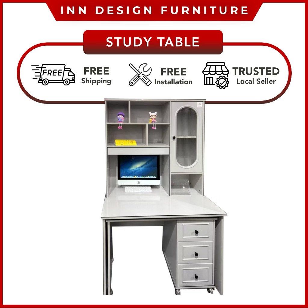 study table study desk (Category: Tables & Sets) located in Singapore. Submitted by homefurniture_outlet (Listing ID 1464057079, Image 1). Description: Product features and materials : -Made by MDF -Pedestal table can pull out become side return -Comes with 3 drawers -Storage compartment for books or stuff T-able top height 75cm Approximate Dimensions : L100cm x W60cm x H175cm Free Installation & Free delivery.