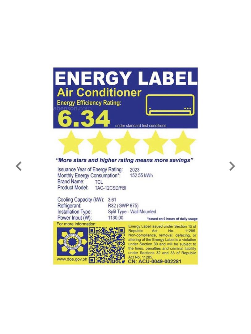 TCL Split Type Inverter Air Conditioner TAC-12CSD/FBI (Category: Air Conditioning and Heating) located in Quezon City. Submitted by swiftiesince08 (Listing ID 1464037231, Image 3). Description: - TCL Inverter Split Type Air Conditioner - Model: TAC-12CSD/FBI - Bought April 2025 (Used for 6 months) - Cooling Capacity: 3.61 kW - Energy Efficiency Rating: 6.34 - Includes both indoor and outdoor units - Designed for efficient cooling.