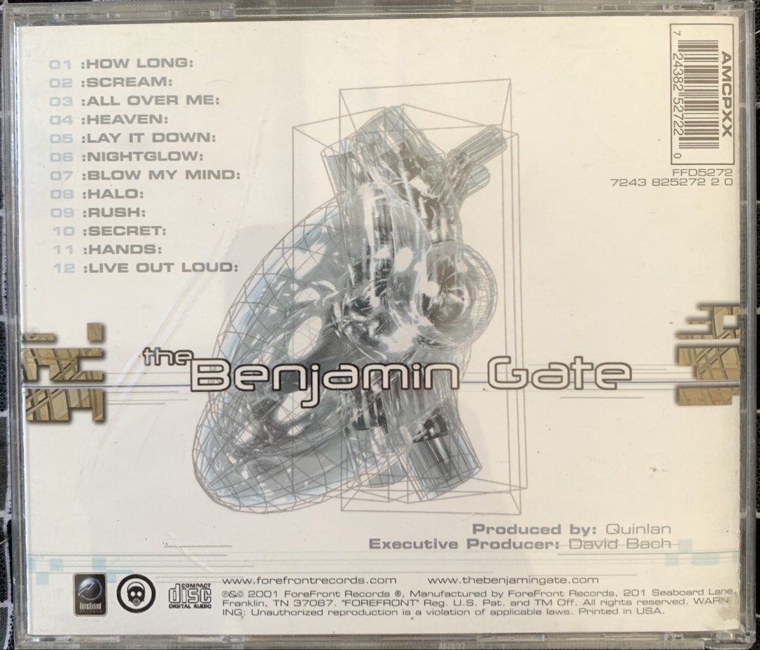 The Benjamin Gate "Untitled" CD Album (Category: CDs & DVDs) located in Taguig. Submitted by ahnjr (Listing ID 1464050884, Image 2). Description: - Benjamin Gate's 2001 album: 'Untitled' - Features 12 tracks - Notable songs include: How Long, Scream, All Over Me, Heaven, Lay It Down, Nightglow, Blow My Mind, Halo, Rush, Secret, Hands, and Live Out Loud - Produced by Quinlan - Executive Produced by David Bach.