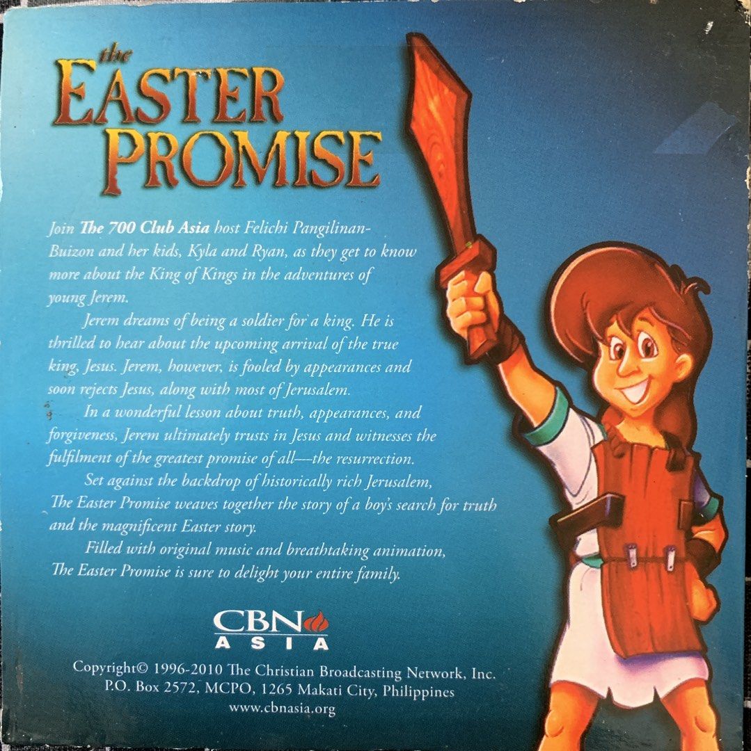 The Easter Promise VCD Animated Movie (Category: CDs & DVDs) located in Taguig. Submitted by ahnjr (Listing ID 1464001533, Image 2). Description: - Join Felichi Pangilinan-Buizon and her kids in learning about the King of Kings. - Features Jerem, who dreams of being a soldier and learns about the true king. - Teaches valuable lessons on truth, appearances, and forgiveness. - Animated movie perfect for the entire family. - Set in the historical ba