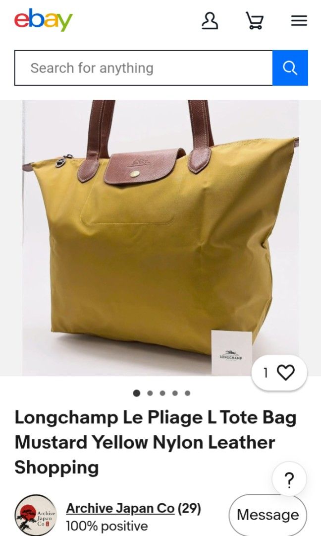 The Longchamp Le Pliage (Category: Tote Bags) located in Caloocan City. Submitted by pvaliao (Listing ID 1464037309, Image 3). Description: Brand: Longchamp Le Pliage shoulder tote bag Color: Yellow Mustard Size: 19 inches × 13 inches Fabric: main body made from a lightweight, durable polyamide canvas or nylon . Trim and handles: Russian Leather textured cowhide Water resistant Preloved Selling price: 1500 Still Negotiable pm for more details Buy