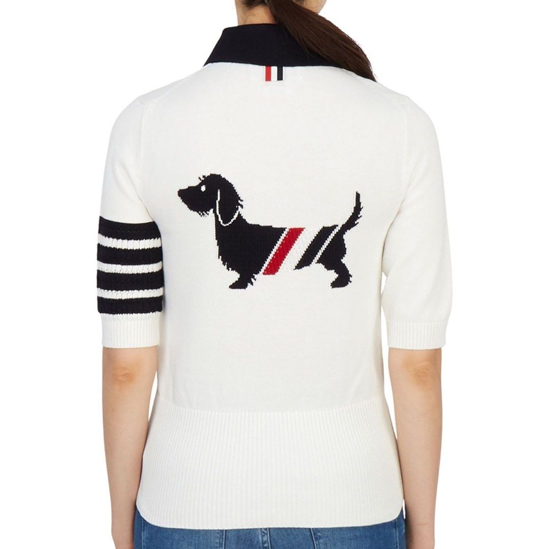 Thom Browne Hector Intarsia Polo sweater (Category: Others Tops) located in Quezon City. Submitted by shanks. (Listing ID 1464007377, Image 3). Description: Thom Browne Hector Intarsia Polo sweater featuring a black dachshund graphic on the back and signature diagonal striped details on the sleeve. Size : 40 Dimensions : Length: 23 inches Width: 18 inches Shoulder: 16 inches Sleeve : 12 inches Sign of wear in good condition .