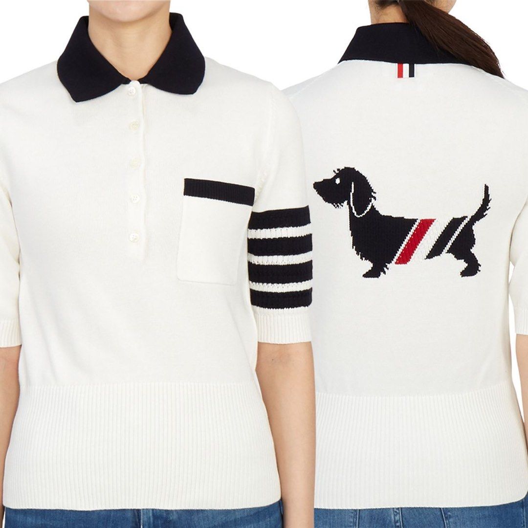 Thom Browne Hector Intarsia Polo sweater (Category: Others Tops) located in Quezon City. Submitted by shanks. (Listing ID 1464007377, Image 1). Description: Thom Browne Hector Intarsia Polo sweater featuring a black dachshund graphic on the back and signature diagonal striped details on the sleeve. Size : 40 Dimensions : Length: 23 inches Width: 18 inches Shoulder: 16 inches Sleeve : 12 inches Sign of wear in good condition .