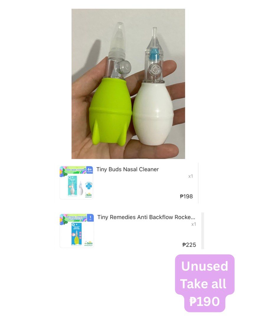 Tiny Buds Nasal Cleaner & Tiny Remedies Aspirator Set (Category: Baby Toiletries & Grooming) located in San Leonardo. Submitted by siobhanslittlecloset (Listing ID 1464102580, Image 1). Description: - Bundle includes 2 unused baby nasal aspirators: Tiny Buds Nasal Cleaner and Tiny Remedies Anti Backflow Rocket. - Both items are brand new and have never been used. - Effectively clears your baby's stuffy nose. - Offered together as a bundle for a f