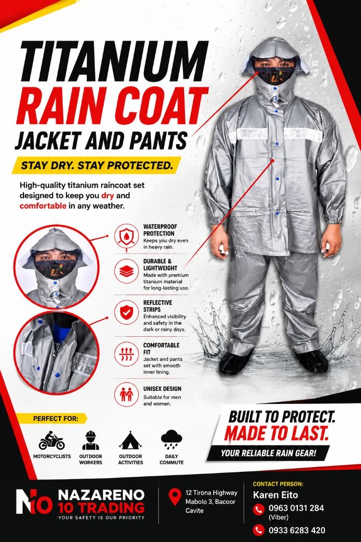 Titanium Rain Coat Jacket and Pants (Category: Looking For) located in Bacoor. Submitted by kajezame.2021 (Listing ID 1463995784, Image 1). Description: Titanium Rain Coat Jacket and Pants For More Details and Discount Contact Ms. Karen NAZARENO 10 TRADING 0963 0131 284 0933 6283 420 0956 7028 557 0933 8559 510 Landline: Look for Ms. Karen (046 ) 416 3920 Also available: • Traffic cone • Parking Block stopper • Hooded trash bin • Road Plastic Bar