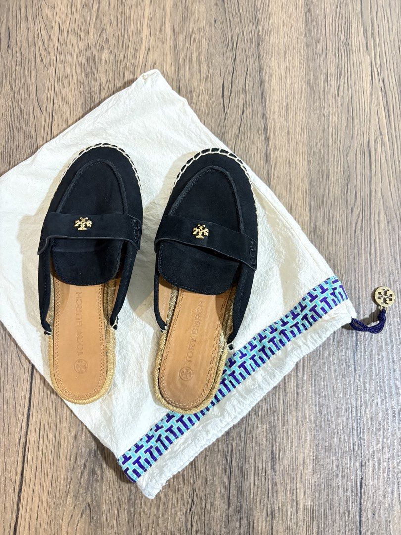 Tory Burch Black Suede Espadrille Mules (Category: Flats & Sandals) located in Malabon City. Submitted by lordleadtheway26 (Listing ID 1464086842, Image 2). Description: - Brand: Tory Burch - Style: Mules - Color: Black - Material: Suede - Sole: Espadrille - Detail: Gold Tory Burch logo - Closure: Slip-on - Includes: Original dust bag - Occasion: Casual wear SIZE 7.