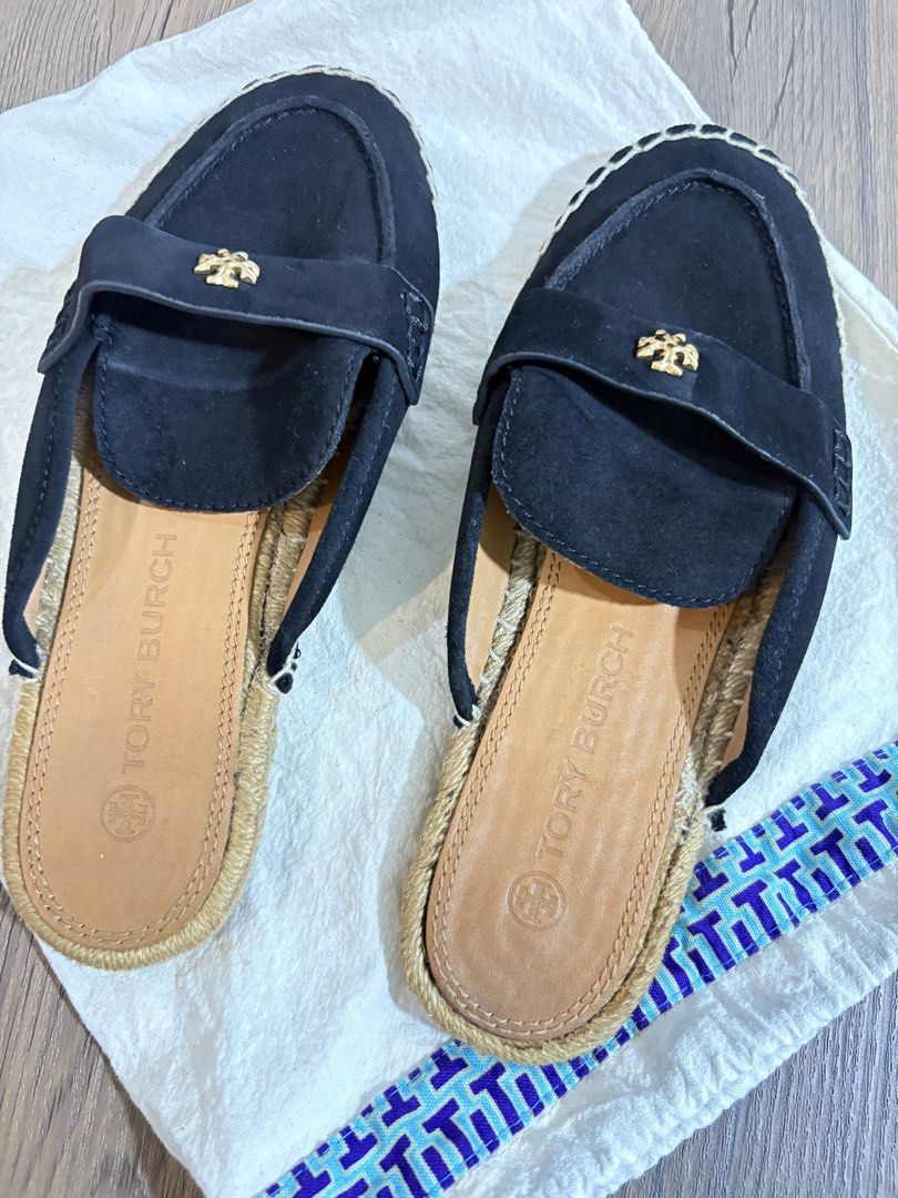 Tory Burch Black Suede Espadrille Mules (Category: Flats & Sandals) located in Malabon City. Submitted by lordleadtheway26 (Listing ID 1464086842, Image 3). Description: - Brand: Tory Burch - Style: Mules - Color: Black - Material: Suede - Sole: Espadrille - Detail: Gold Tory Burch logo - Closure: Slip-on - Includes: Original dust bag - Occasion: Casual wear SIZE 7.