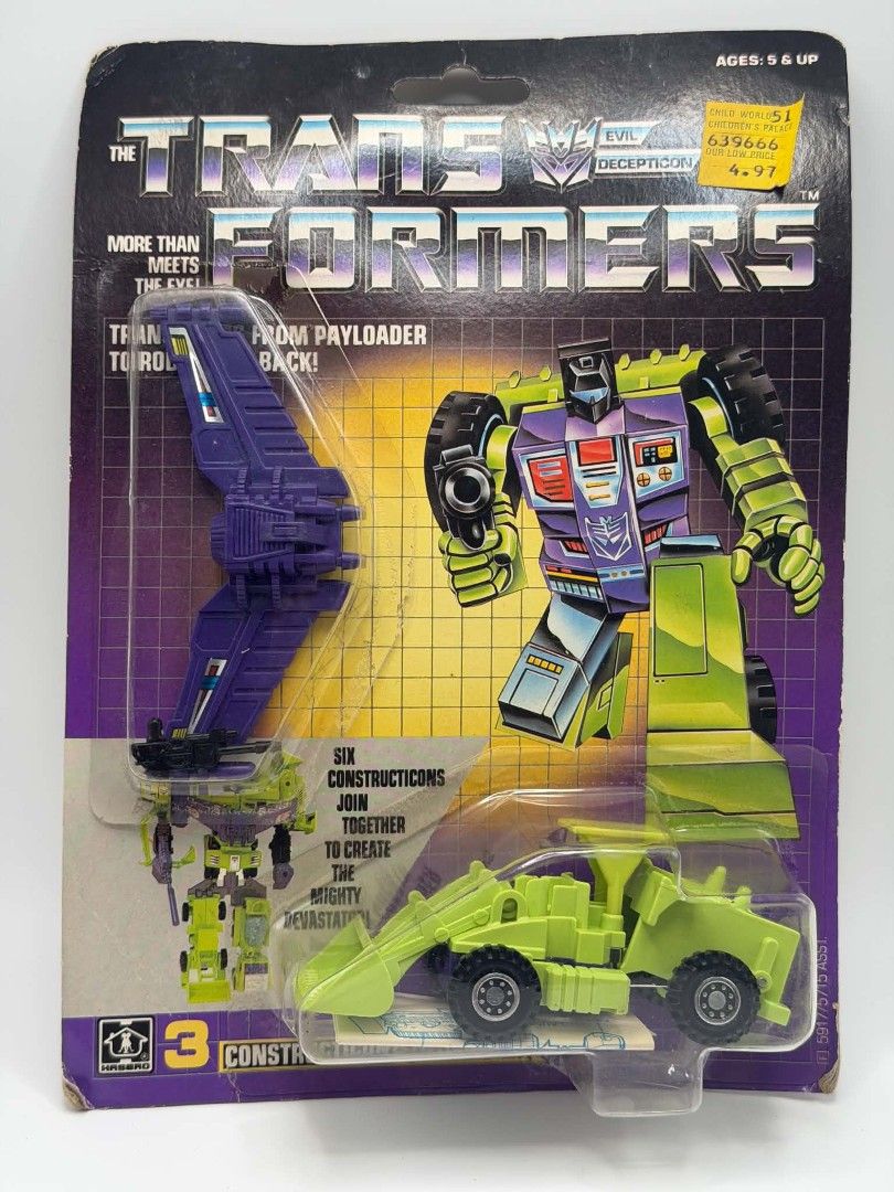 Transformers G1 Constructions Set of 3 (Category: Action & Battle Toys) located in Lipa City. Submitted by vintage.ube.pots (Listing ID 1464086251, Image 3). Description: Three original 1985 Transformers G1 Constructions all still on the card, bubbles, unopened, never played. Bone crusher #1: bulldozer, Devastator's left arm Scrapper #3: payloader, Devastator's right leg with super wing Long haul # 5: dump truck, Devastator's torso Authentic: Wit