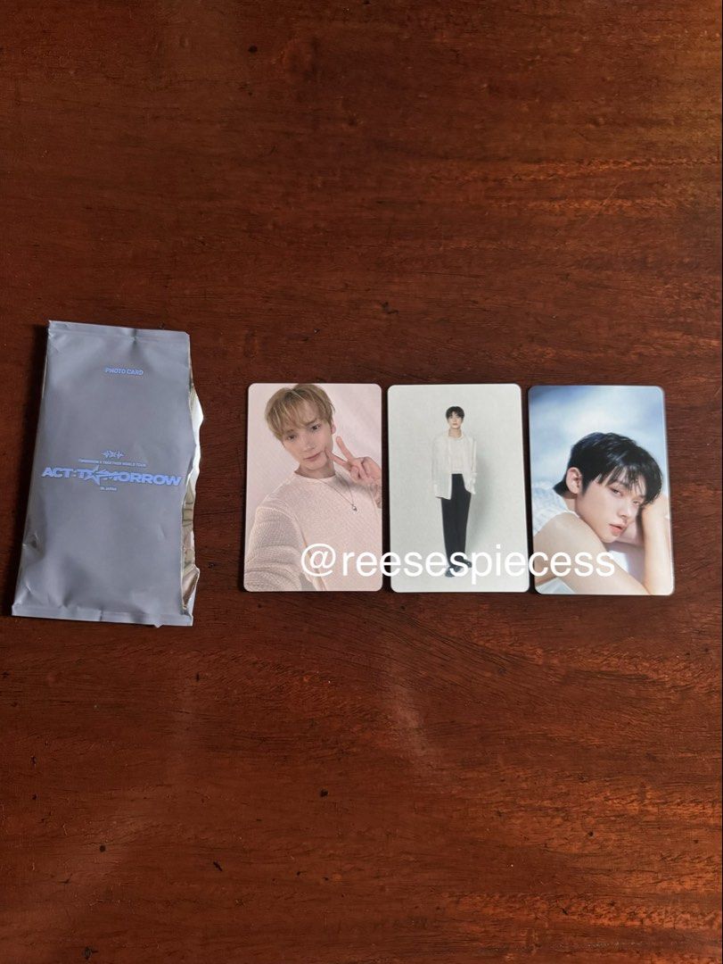 TXT Act Tomorrow Photocard Set (Category: K-Wave Merchandise) located in Manila. Submitted by reesespiecess (Listing ID 1464055985, Image 1). Description: - unsealed txt act tomorrow: japan photocard set - set includes the ff: hueningkai selfie, taehyun standing, yeonjun lying down - bought this during the act tomorrow popup in japan - will be shipped in photocard sleeves and a top loader for protection ❌ please don’t purchase if you’re a sensi c