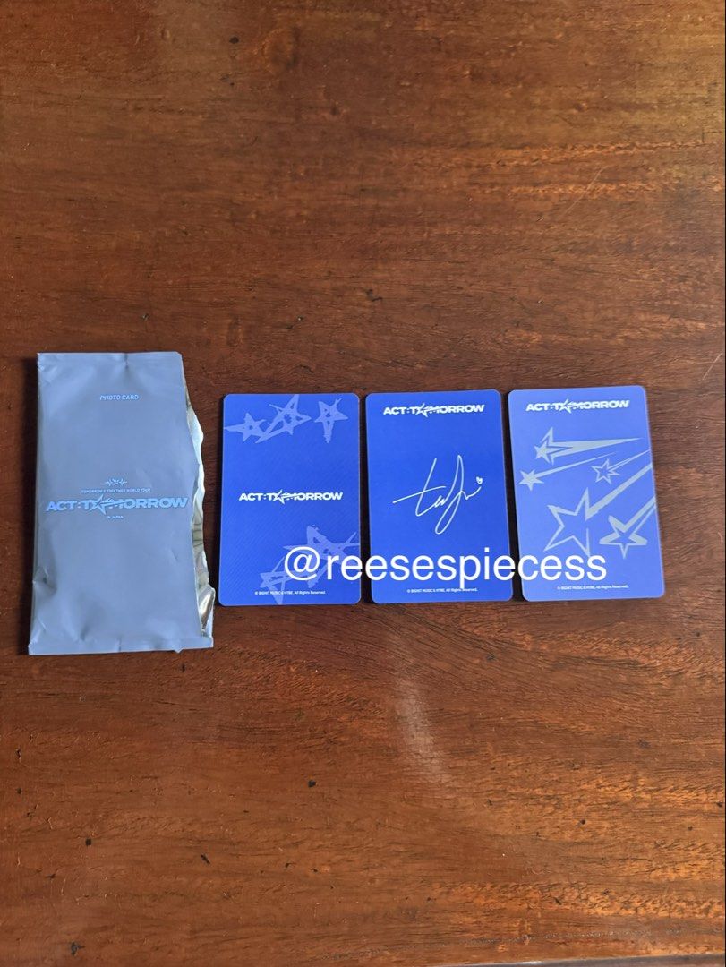 TXT Act Tomorrow Photocard Set (Category: K-Wave Merchandise) located in Manila. Submitted by reesespiecess (Listing ID 1464055985, Image 2). Description: - unsealed txt act tomorrow: japan photocard set - set includes the ff: hueningkai selfie, taehyun standing, yeonjun lying down - bought this during the act tomorrow popup in japan - will be shipped in photocard sleeves and a top loader for protection ❌ please don’t purchase if you’re a sensi c