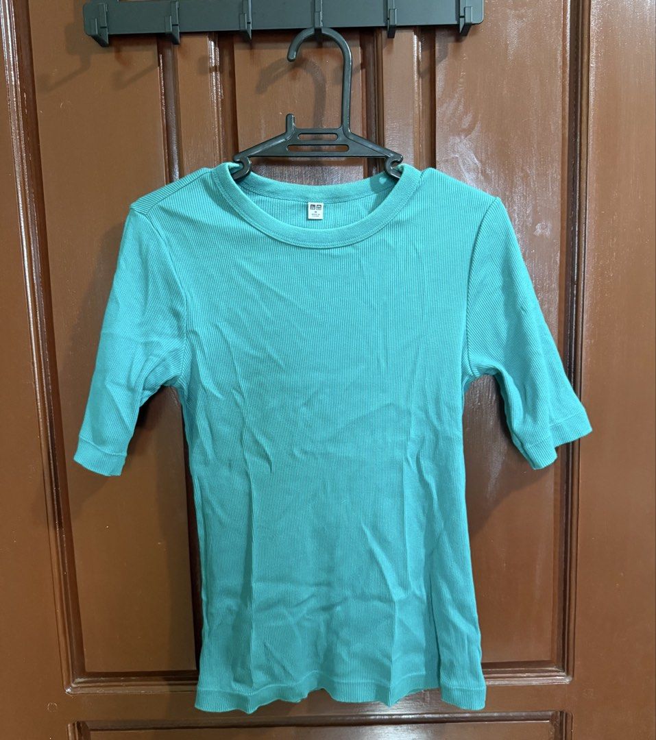 Uniqlo Ribbed Half Sleeve T-Shirts MEDIUM (Category: Shirts) located in Marikina City. Submitted by wearism (Listing ID 1464004165, Image 2). Description: 100% original Uniqlo. Slightly used. Not from UKAY. AVAILABLE UNTIL POSTED. Size: Medium (W12.5”xL17”) Color: Green (lighter shade) and brown (darker shade) Fit: Regular Where was it made: China Price is fixed. Php250.00 each No additional photos will be provided. No when worn photo. We will se