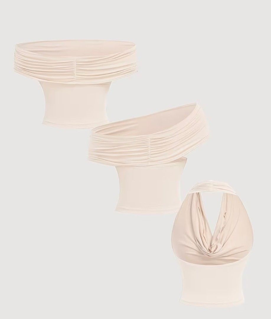 Versatile Ruched Drape Halter Tube Top 3 Ways (Category: Sleeveless) located in Mariveles. Submitted by adhes28 (Listing ID 1464056983, Image 2). Description: Super versatile top that can be worn 3 ways! Drape it as a halter, wear it as a one-shoulder, or strapless tube style. Soft, ruched fabric in a neutral beige/cream color. Stretchy material. Great for dressing up or down..
