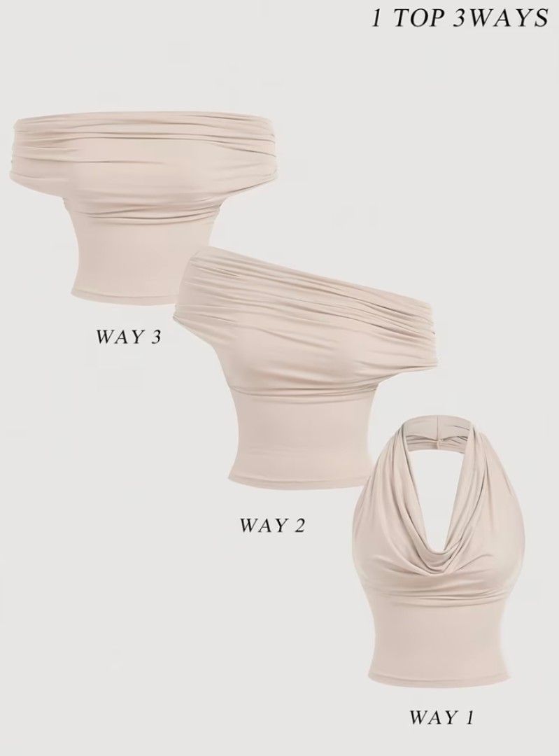 Versatile Ruched Drape Halter Tube Top 3 Ways (Category: Sleeveless) located in Mariveles. Submitted by adhes28 (Listing ID 1464056983, Image 1). Description: Super versatile top that can be worn 3 ways! Drape it as a halter, wear it as a one-shoulder, or strapless tube style. Soft, ruched fabric in a neutral beige/cream color. Stretchy material. Great for dressing up or down..
