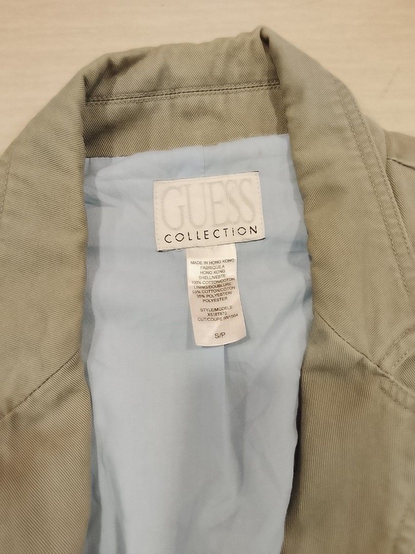 Vintage Guess collection trench coat jacket (Category: Coats, Jackets and Outerwear) located in Manila. Submitted by newage.vintage (Listing ID 1464005060, Image 2). Description: - brand: Guess collection - Uri ng damit: casual blazer / sport coat - clor: khaki - size: S/P (small petite) - made in Hongkong - shell: 100% cotton - lining inside: 65% cotton and 35% polyester - design: classic lapel collar, structured stitching and layered pocket - d