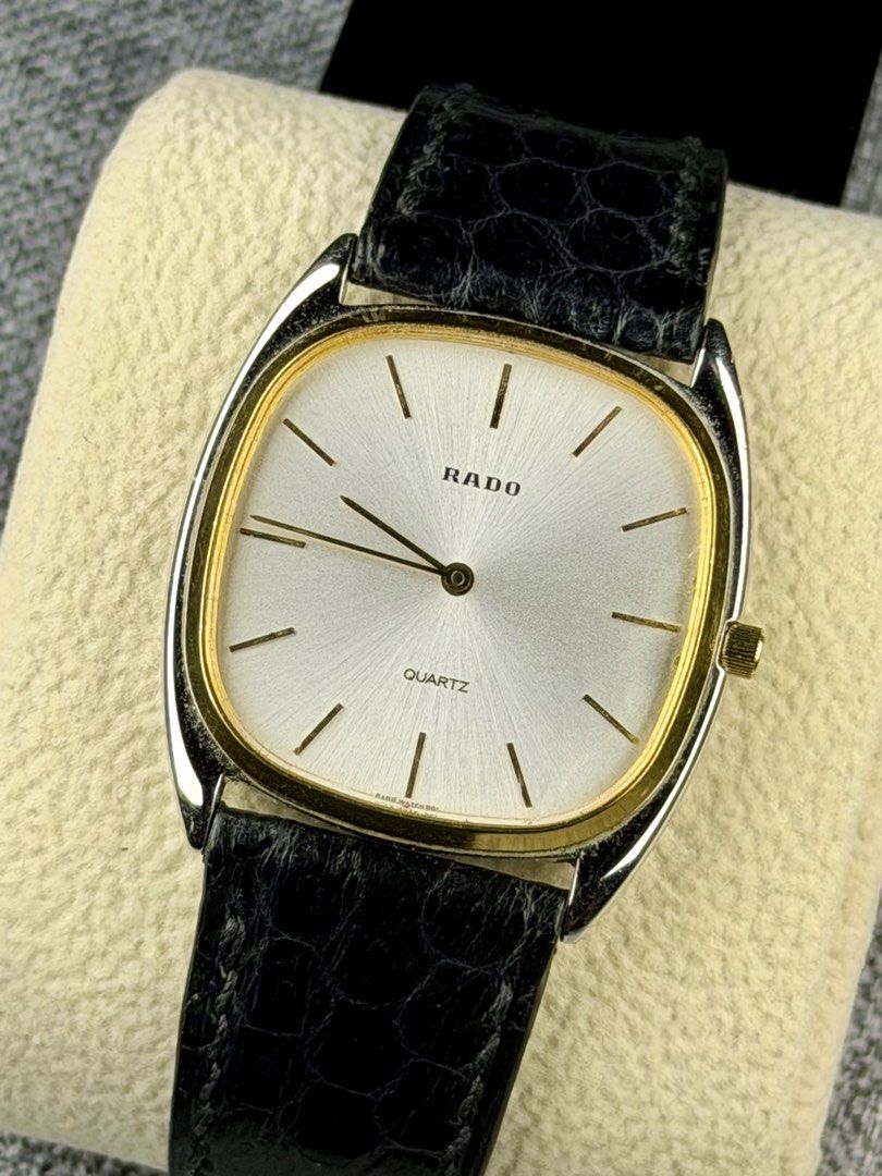 Vintage Rado Quartz “Cushion” (Category: Men's Watches) located in Bacoor. Submitted by offtheclock (Listing ID 1464037048, Image 2). Description: Vintage Rado Quartz “Cushion” Condition: Pre-owned Reference No: 121.9568.2 Movement: Quartz (ETA 956.032) Material: Stainless Steel Base with a Polished Chrome / Silver-Tone Finish Case Diameter: 30x33mm (Mineral Crystal) Dial: Sunburst Brushed Silver with Minimalist Gold-Tone Stick / Baton Hour Indic