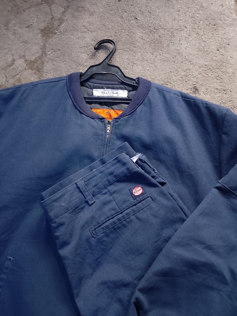 Vintage Red Kap Bomber Jacket & Work Pants Set Navy Blue (Category: Coats, Jackets and Outerwear) located in Manila. Submitted by warmcloud-06f3 (Listing ID 1463995660, Image 3). Description: - Red Kap navy blue bomber jacket - Features a vibrant orange lining - Matching Red Kap work pants - Classic Red Kap logo patch on pants - Durable and versatile for work or casual outfits - Ready for its new owner.