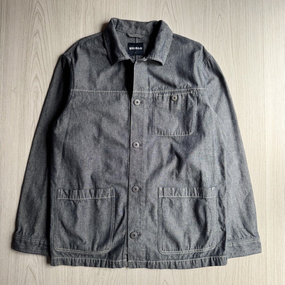 Vintage Uniqlo Denim Chore Jacket (Category: Coats, Jackets and Outerwear) located in Zamboanga. Submitted by rustic.rev (Listing ID 1464004405, Image 1). Description: Vintage Uniqlo Denim Chore Jacket In excellent condition Tagged: Large Actual Measurements: Pit to pit: 23” Length: 29.5” Shoulders: 19” Sleeves length: 24.5”.