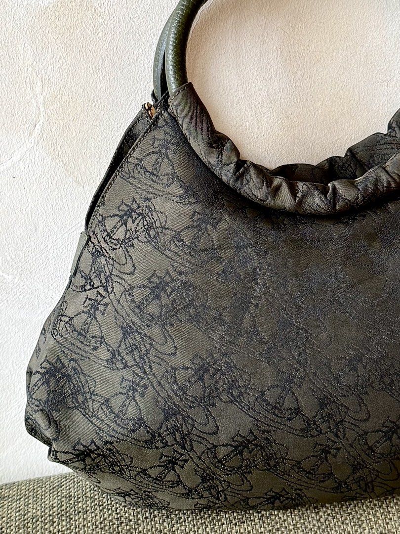 Vivienne Westwood Orb Pattern Handbag (Category: Luxury Bags & Wallets) located in San Fernando. Submitted by viviennegyal (Listing ID 1464071306, Image 2). Description: Fall in love with earth tones and vintage orbs with this Vivienne Westwood Ring-Handle Hobo. 🫒 Made from a monogram nylon, jacquard fabric in an olive and brown-grey hue covered in an repeating sketched watermark Orb motif, paired with leather-wrapped handles. This unique bag da