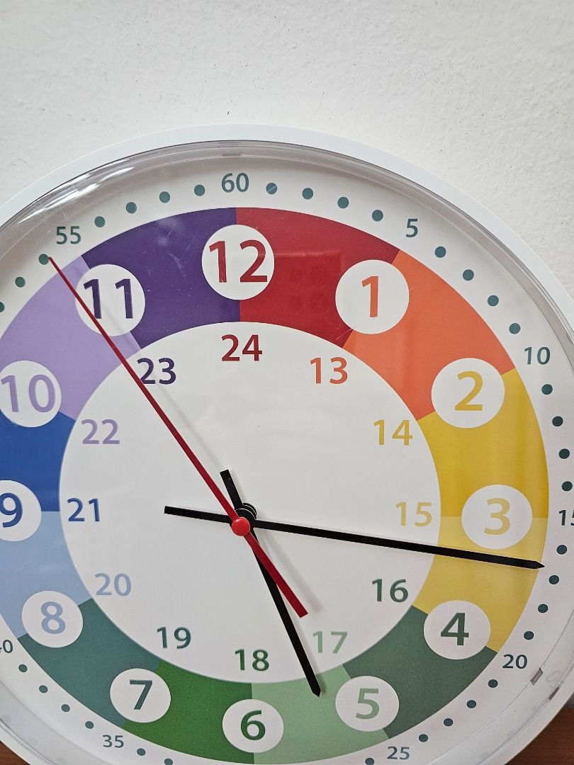Wall Clock (Category: Educational & Learning Toys) located in Singapore. Submitted by brittanynormandy (Listing ID 1464032552, Image 2). Description: One Colourful Wall Clock selling at $15. The retail price for a similar wall clock is shown in Picture number 5. Description: • Clock Size: 275mm (Diameter) x 35mm (Depth) • Material: Sturdy plastic case. • Silent: Silent wall clock with very soft ticking second sound. • Battery Operated: - Wall clo