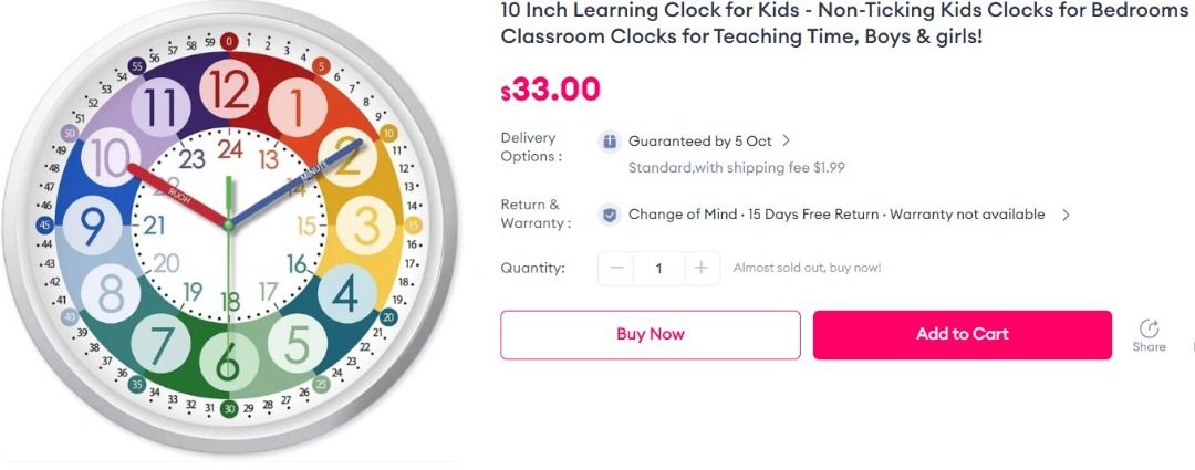 Wall Clock (Category: Educational & Learning Toys) located in Singapore. Submitted by brittanynormandy (Listing ID 1464032552, Image 5). Description: One Colourful Wall Clock selling at $15. The retail price for a similar wall clock is shown in Picture number 5. Description: • Clock Size: 275mm (Diameter) x 35mm (Depth) • Material: Sturdy plastic case. • Silent: Silent wall clock with very soft ticking second sound. • Battery Operated: - Wall clo